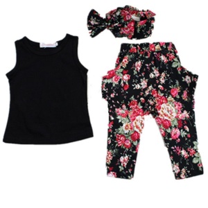 Ensemble  T-shirt + pantalon fleuri + bandeau pour fille