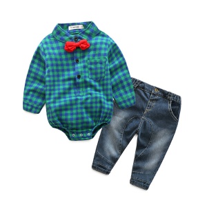 Ensemble chemise carrelée à fermeture à pression basse + jean pour petit enfant + nœud papillon