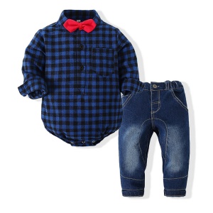 Ensemble chemise carrelée à fermeture à pression basse + jean pour petit enfant + nœud papillon