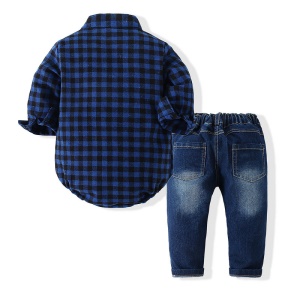 Ensemble chemise carrelée à fermeture à pression basse + jean pour petit enfant + nœud papillon