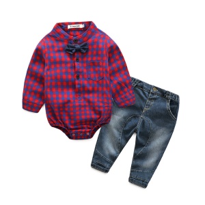 Ensemble chemise carrelée à fermeture à pression basse + jean pour petit enfant + nœud papillon