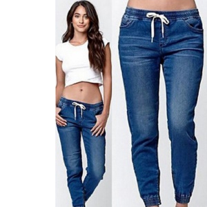 Pantalon jean stretch pour femmes à lacet
