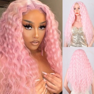 Perruque en fibre synthétique avec cheveux bouclés long brun