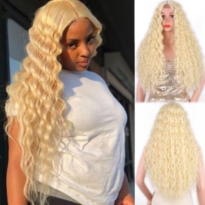 Perruque en fibre synthétique avec cheveux bouclés long brun