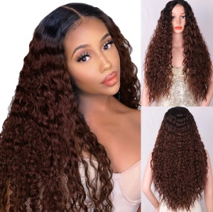 Perruque en fibre synthétique avec cheveux bouclés long brun