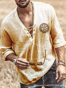 Chemise Homme fermée cou V élargi à lacet  à Manches 3/4 coton et lin