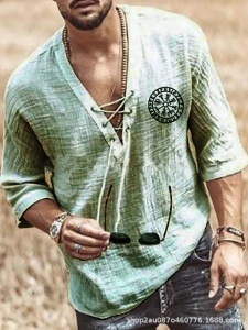 Chemise Homme fermée cou V élargi à lacet  à Manches 3/4 coton et lin