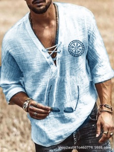 Chemise Homme fermée cou V élargi à lacet  à Manches 3/4 coton et lin