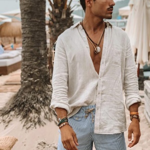 Chemise homme à manches longues en coton et lin doux