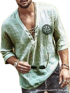Chemise Homme fermée cou V élargi à lacet  à Manches 3/4 coton et lin