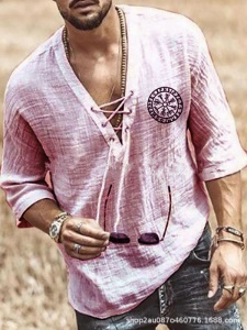 Chemise Homme fermée cou V élargi à lacet  à Manches 3/4 coton et lin
