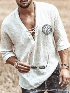 Chemise Homme fermée cou V élargi à lacet  à Manches 3/4 coton et lin