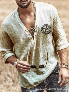 Chemise Homme fermée cou V élargi à lacet  à Manches 3/4 coton et lin