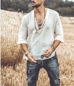 Chemise Homme fermée cou V élargi à lacet  à Manches 3/4 coton et lin