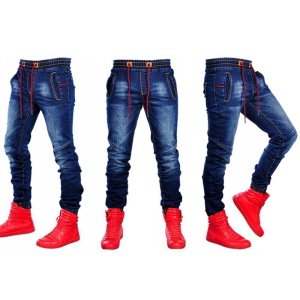 Pantalon jean bleu stretch pour homme taille en gaine et à lacet