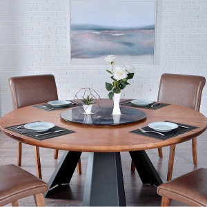 Table ronde en bois massif avec plateau tournant et pieds en fer forgé