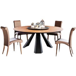 Table ronde en bois massif avec plateau tournant et pieds en fer forgé