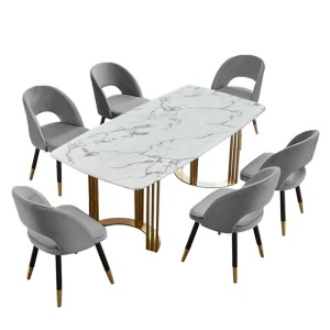 Ensemble de table à manger en marbre et chaises avec pieds en bois massif