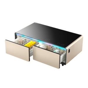 Table basse avec haut parleur Bluetooth et double tiroir refrégiré (fonction réfrigérateur)
