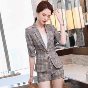 Femmes costume à carreaux 2 pcs（blazer à manches moyennes+short)