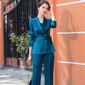 Costume d'affaires femme ensemble de 2 pcs (blazer rayures à manches longues+pantalon) avec ceinture
