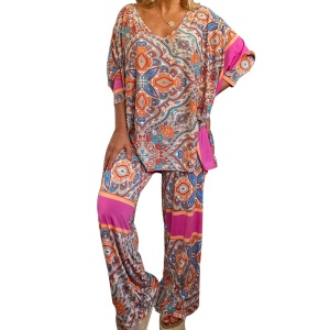 Ensemble deux pièces haut et pantalon décontracté pour femme, style ethnique imprimé