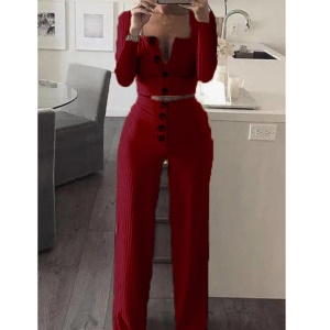 Costume deux pièces décontracté pour femme, coupe slim avec boutons, cardigan à manches longues