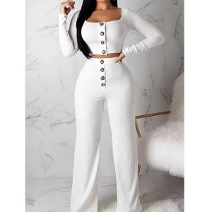 Costume deux pièces décontracté pour femme, coupe slim avec boutons, cardigan à manches longues