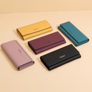 Portefeuille longue en cuir PU pour femme avec bouton-pression