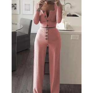 Costume deux pièces décontracté pour femme, coupe slim avec boutons, cardigan à manches longues
