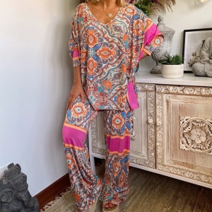 Ensemble deux pièces haut et pantalon décontracté pour femme, style ethnique imprimé