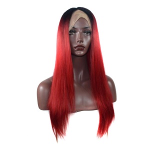 Perruque en fibre synthétique cheveux longs et raides rouges avec dentelle frontale 24pouces
