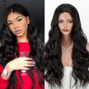 Perruque en fibre synthétique cheveux noirs ondulés dentelle frontale