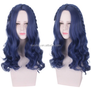 Perruque de cosplay ondulé aux cheveux bleu en fibre synthétique de 24 pouces