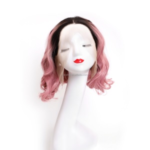 Perruque 12 pouces cheveux ondulé rose-noir avec lace frontale