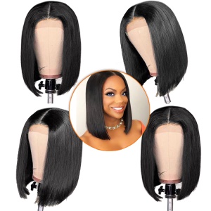 Perruque synthétique 16 pouces sans dentelle cheveux courts et lisses 150% de densité