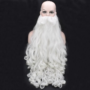 Barbe et perruque blanches du Père Noël longs bouclés en fibre synthétique