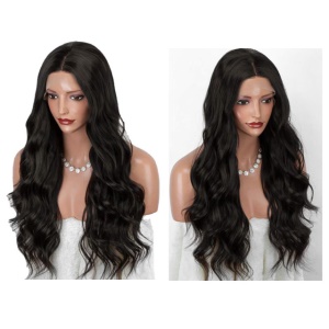 Perruque en fibre synthétique cheveux noirs ondulés dentelle frontale