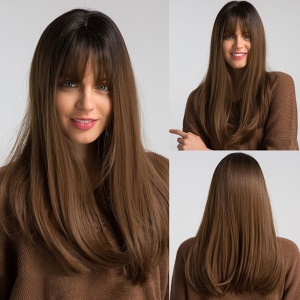 Perruque en fibre synthétique cheveux lisses avec frange 24 pouces