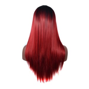 Perruque en fibre synthétique cheveux longs et raides rouges avec dentelle frontale 24pouces