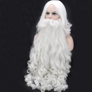 Barbe et perruque blanches du Père Noël longs bouclés en fibre synthétique