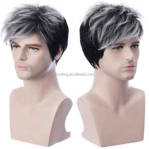 Perruque pour hommes aux cheveux noir-gris en fibre synthétique  gris et noir