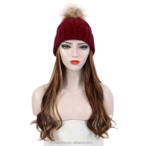 Perruque-bonnet tricoté cheveux bouclés en fibre synthétique longue de 20 pouces