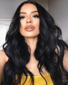 Perruque en fibre synthétique cheveux noirs ondulés dentelle frontale