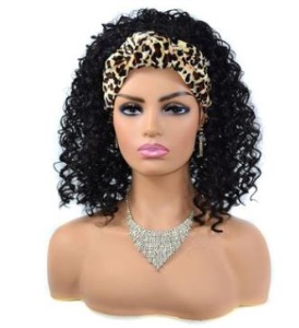 Perruque noir avec bande aux cheveux bouclés en fibre synthétique de 12 Pouces