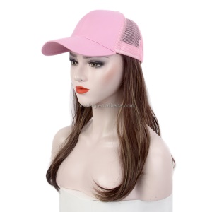 Perruque casquette de baseball rose réglable aux cheveux bruns et ondulée