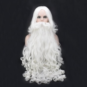 Barbe et perruque blanches du Père Noël longs bouclés en fibre synthétique