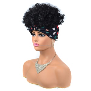 Perruque avec bandeau de 8 pouces aux cheveux noir, duveteux en fibre synthétique résistante à la chaleur
