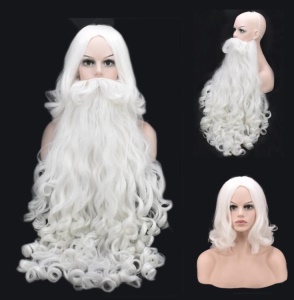 Barbe et perruque blanches du Père Noël longs bouclés en fibre synthétique