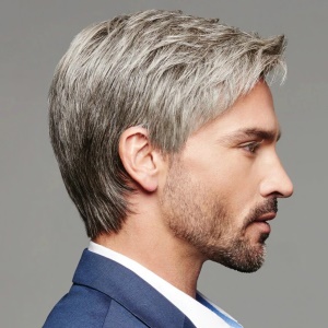 Perruque brésilien pour hommes cheveux gris lisse en fibre synthétiques 8 pouces